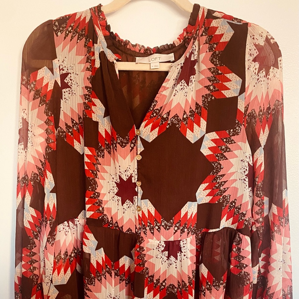NWOT! Loft red and brown patterned mid knee length dress. Perfect condition!
